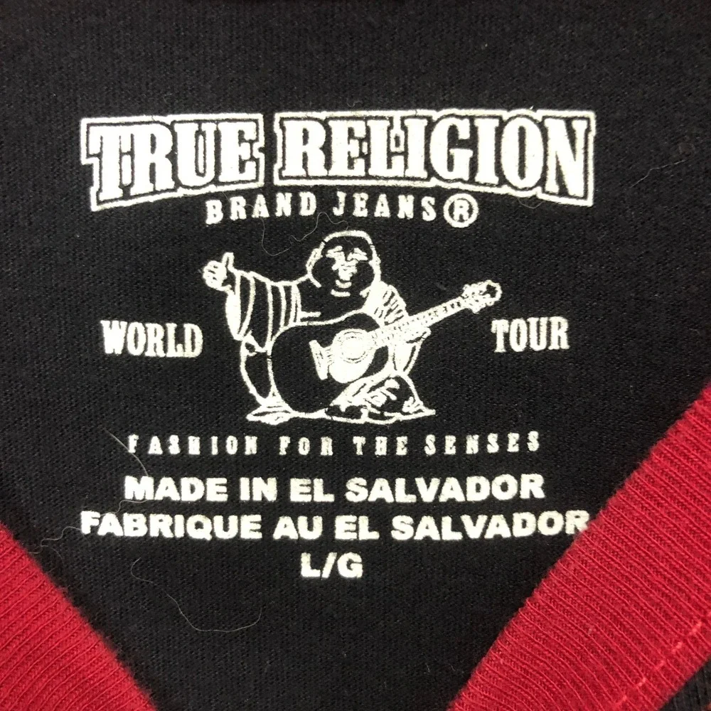 True Religion Mens Raglan Graphic T-Shirt Black Red Buddha Guitar L M40A595EQI